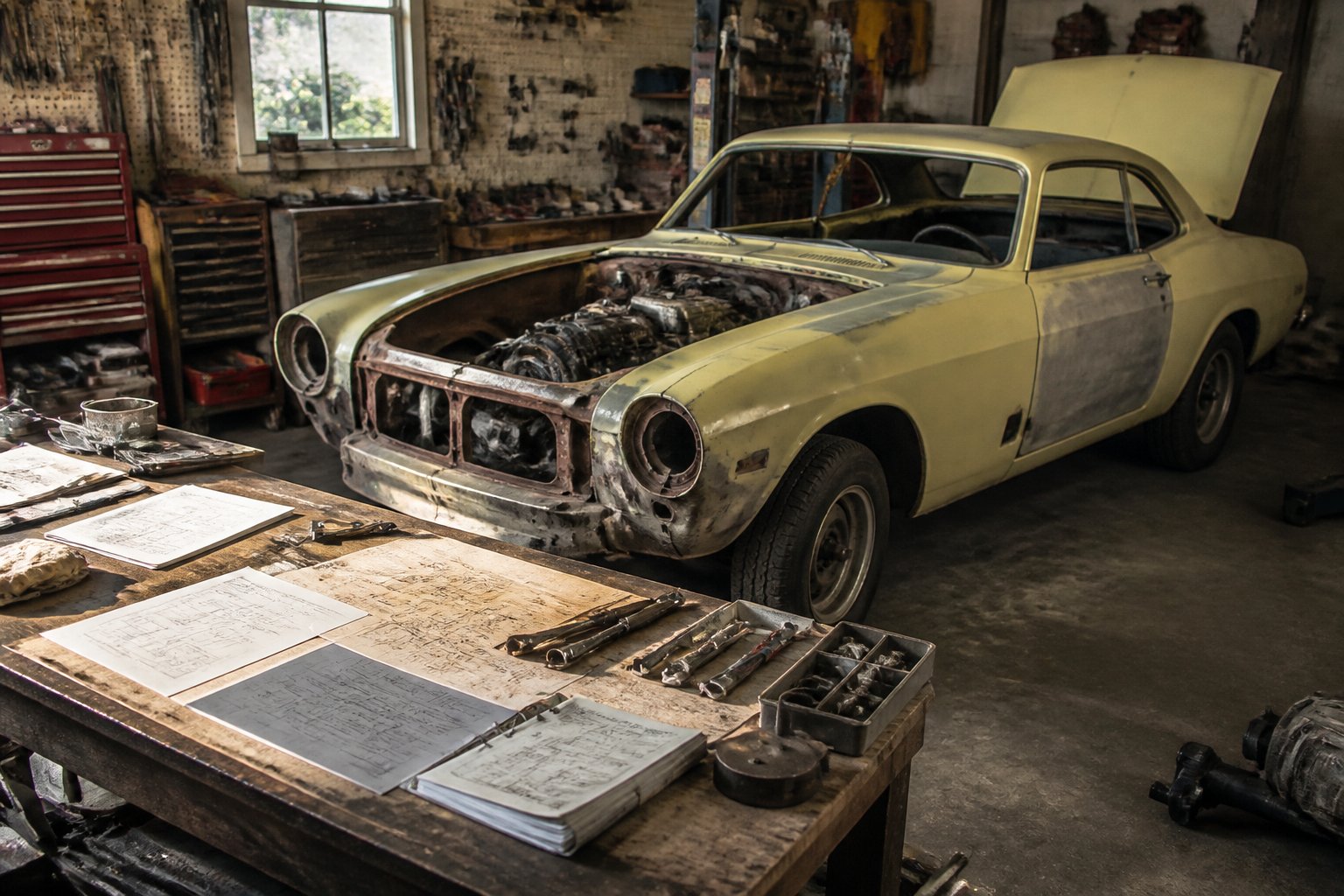 Véhicule de collection en restauration au garage, démarches de carte grise sans contrôle technique