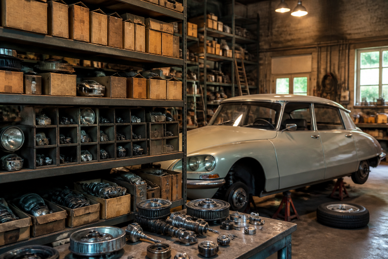 Atelier spécialiste Simca et Talbot, rayonnages de pièces détachées et voiture de collection en restauration
