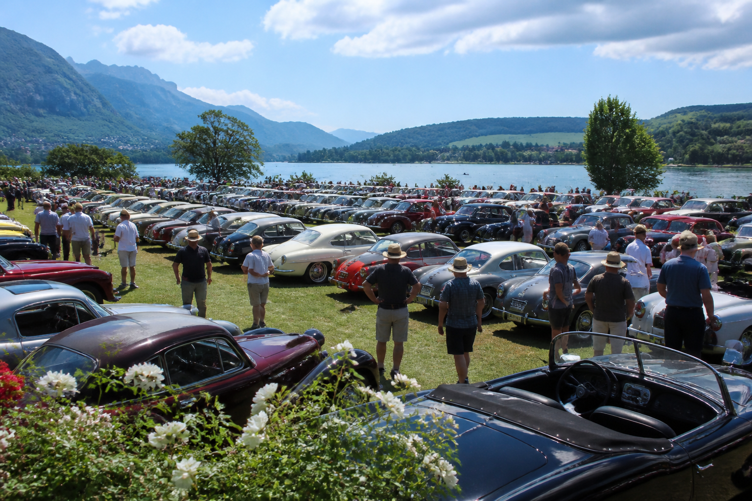 Rassemblement de voitures anciennes Marçon Classic au bord du Lac des Varennes en Sarthe