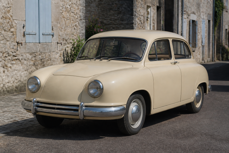 Panhard Dyna X, berline française ultralégère en aluminium des années 1950, vue de trois quarts