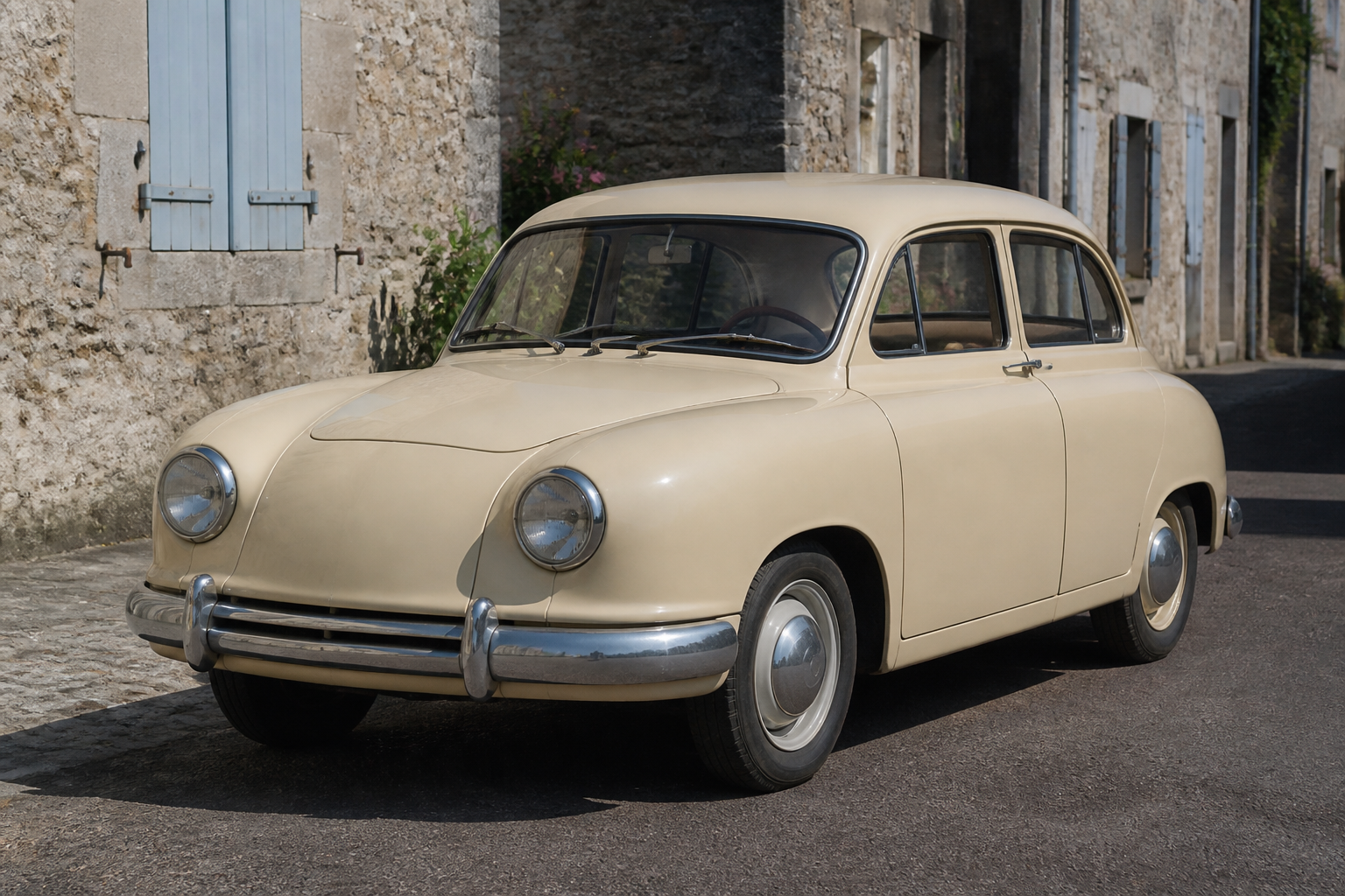 Panhard Dyna X, berline française ultralégère en aluminium des années 1950, vue de trois quarts