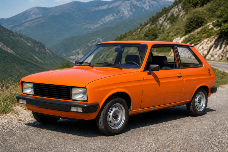 Peugeot 104 ZS orange, petit coupé sportif à empattement court des années 1970, vue de trois quarts
