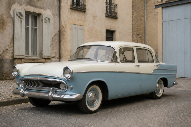 Simca Ariane, grande berline française de 1957 à la carrosserie de Vedette, vue de trois quarts