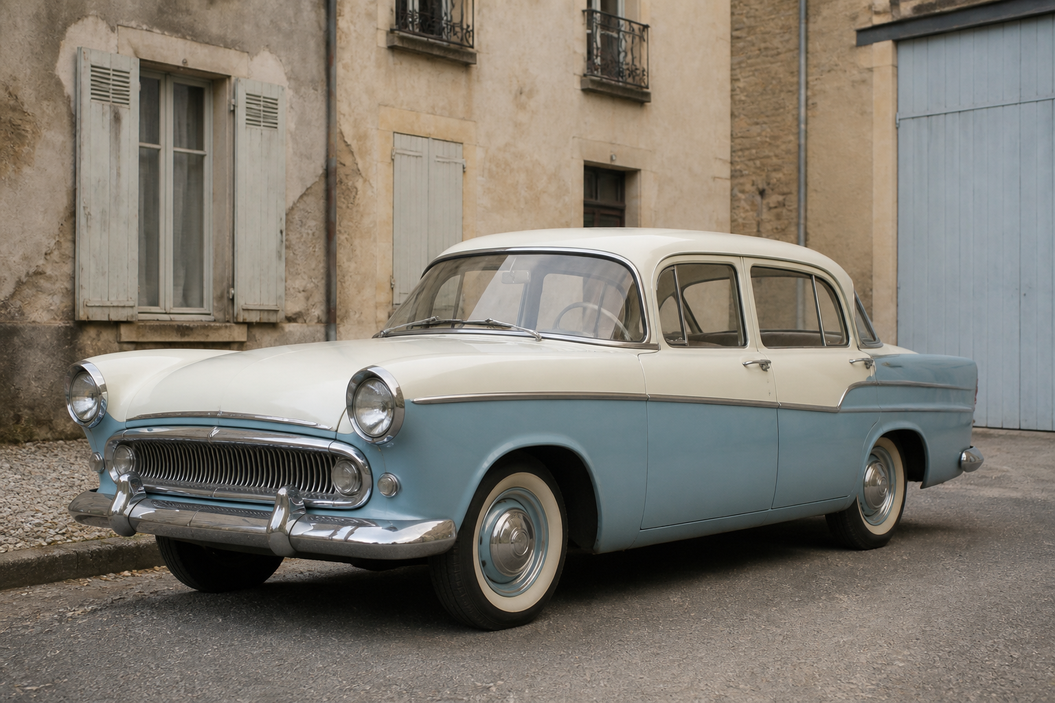 Simca Ariane, grande berline française de 1957 à la carrosserie de Vedette, vue de trois quarts