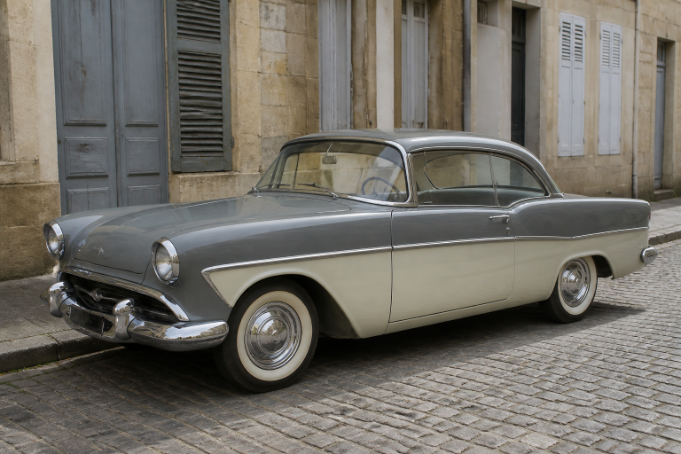 Simca Grand Large, coupé Aronde sans montant central des années 1950, vue de trois quarts